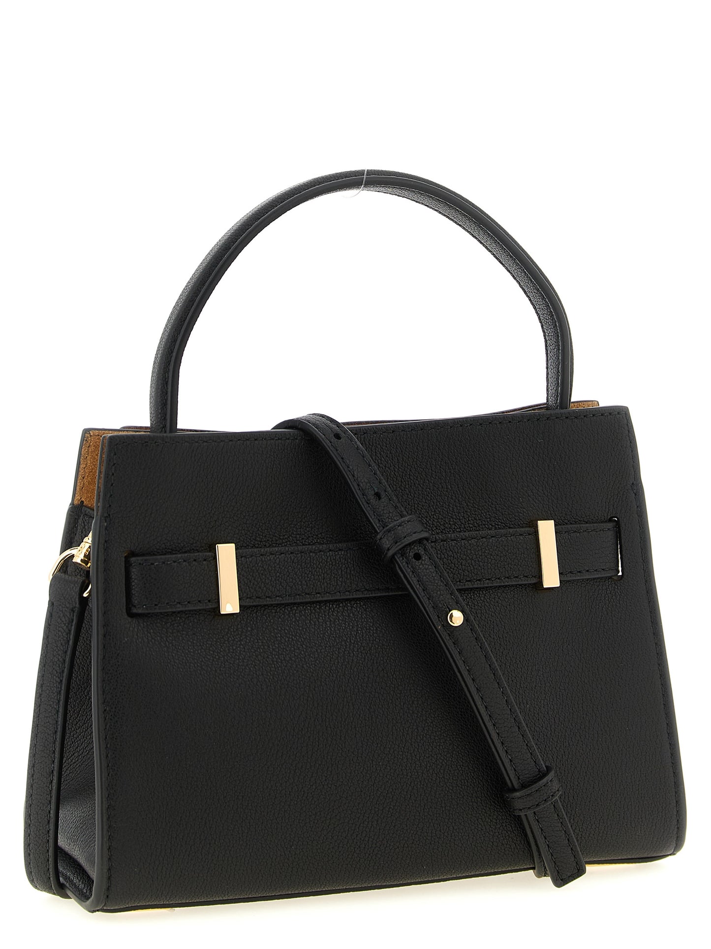 Crossbody Handbag by Tory Burch for women in suede lambskin leather black & gold features an multi-faceted design with a secure magnetic, ample , and versatile crossbody-strap, shoulder-strap & adjustable-strap for a multi-faceted finish.