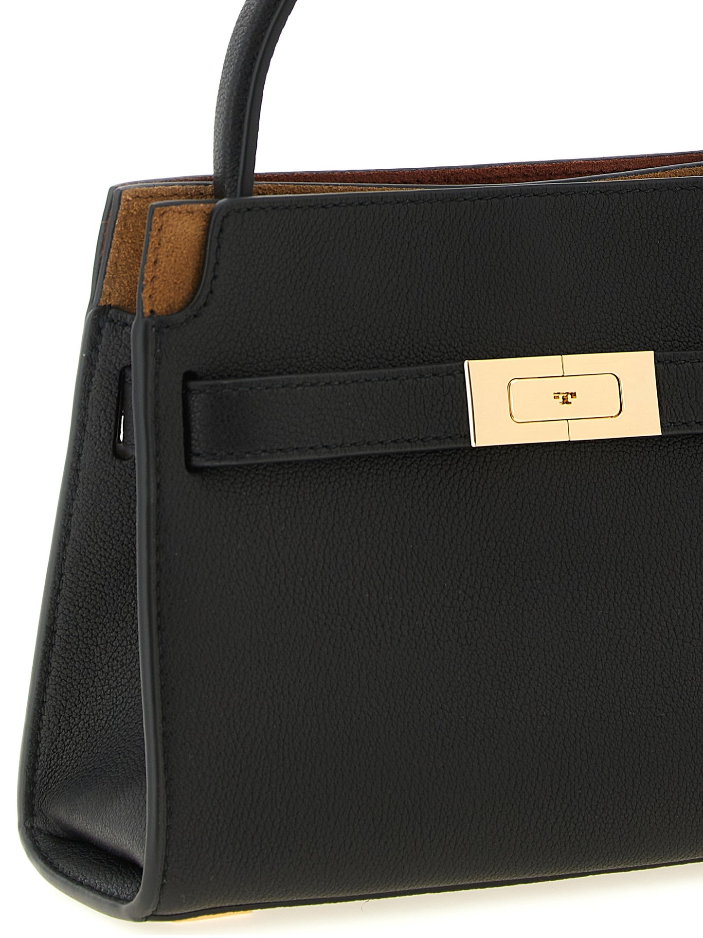 Crossbody Handbag by Tory Burch for women in suede lambskin leather black & gold features a transformative sophistication silhouette, showcasing a secure magnetic, ample , and versatile crossbody-strap, shoulder-strap & adjustable-strap for a transformative sophistication look.