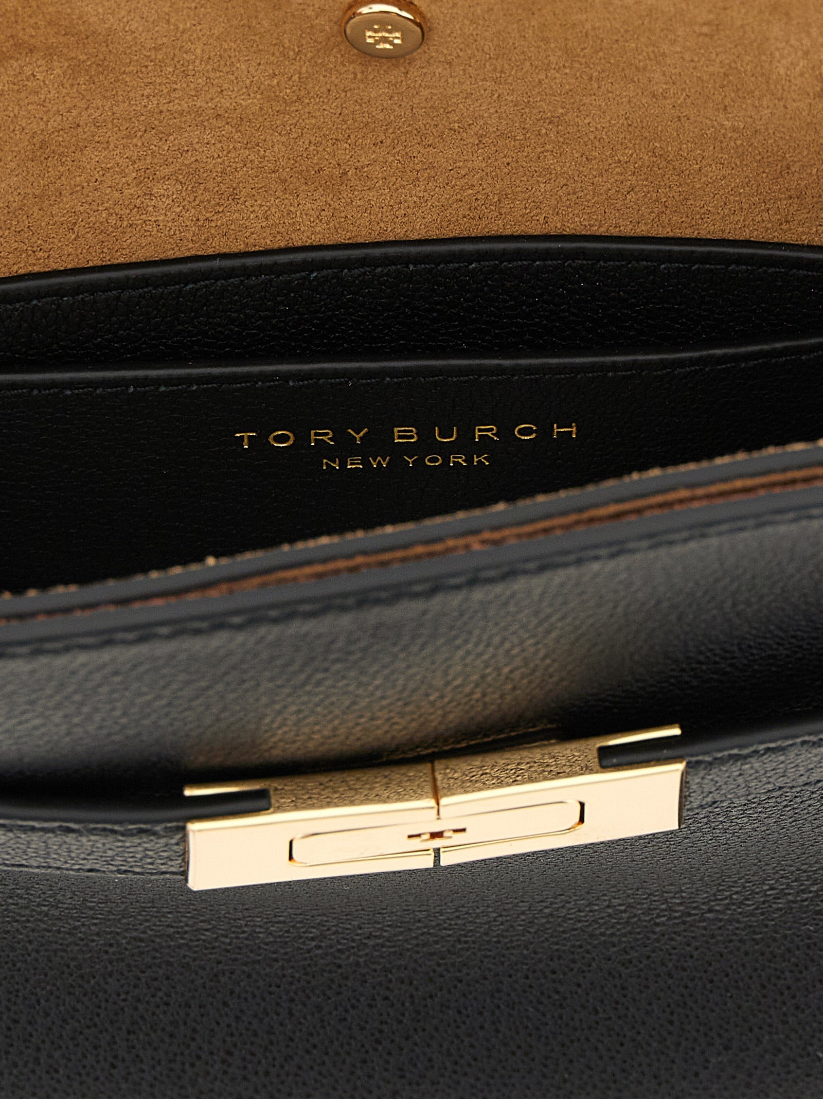 Crossbody Handbag by Tory Burch for women in suede lambskin leather black & gold features a versatile chic silhouette, meticulously detailed with a secure magnetic, ample , and versatile crossbody-strap, shoulder-strap & adjustable-strap.