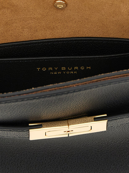 Crossbody Handbag by Tory Burch for women in suede lambskin leather black & gold features a versatile chic silhouette, meticulously detailed with a secure magnetic, ample , and versatile crossbody-strap, shoulder-strap & adjustable-strap.