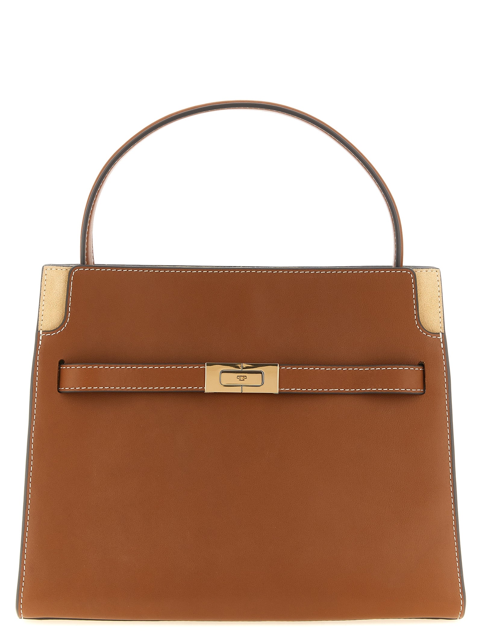 Small Crossbody Handbag by Tory Burch for women in bos taurus suede cowhide leather brown & gold features an multi-faceted design with a secure , ample , and versatile crossbody-strap, handle & adjustable-strap for a multi-faceted finish.