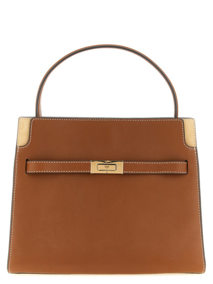 Small Crossbody Handbag by Tory Burch for women in bos taurus suede cowhide leather brown & gold features an multi-faceted design with a secure , ample , and versatile crossbody-strap, handle & adjustable-strap for a multi-faceted finish.