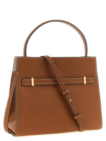 Small Crossbody Handbag by Tory Burch for women in bos taurus suede cowhide leather brown & gold showcases a versatile sophistication silhouette, featuring a secure , versatile sophistication , and versatile crossbody-strap, handle & adjustable-strap for a versatile sophistication finish.