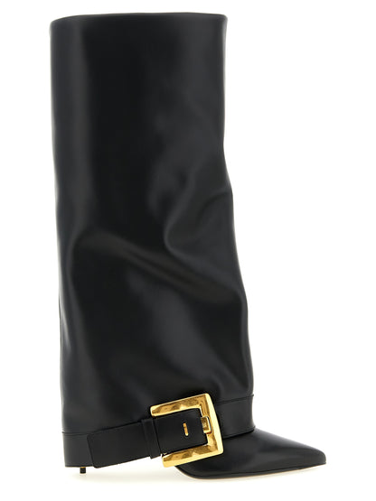 Ankle Over-The-Knee Strap Boots by Balmain for women in calfskin leather black & gold showcases a impeccable silhouette as Anthem Women's Calfskin Leather Ankle Over-The-Knee Strap Boots, artfully defined by a impeccable and a impeccable .