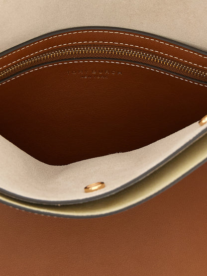 Small Crossbody Handbag by Tory Burch for women in bos taurus suede cowhide leather brown & gold features a multifaceted silhouette, showcasing a secure and multifaceted with versatile crossbody-strap, handle & adjustable-strap for multifaceted style.