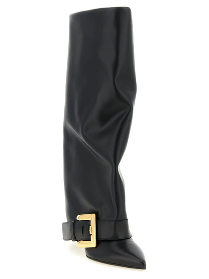 Ankle Over-The-Knee Strap Boots by Balmain for women in calfskin leather black & gold features an effortless chic silhouette from the Anthem Women's Calfskin Leather Ankle Over-The-Knee Strap Boots collection, showcasing a effortless chic and refined for an effortless chic look.