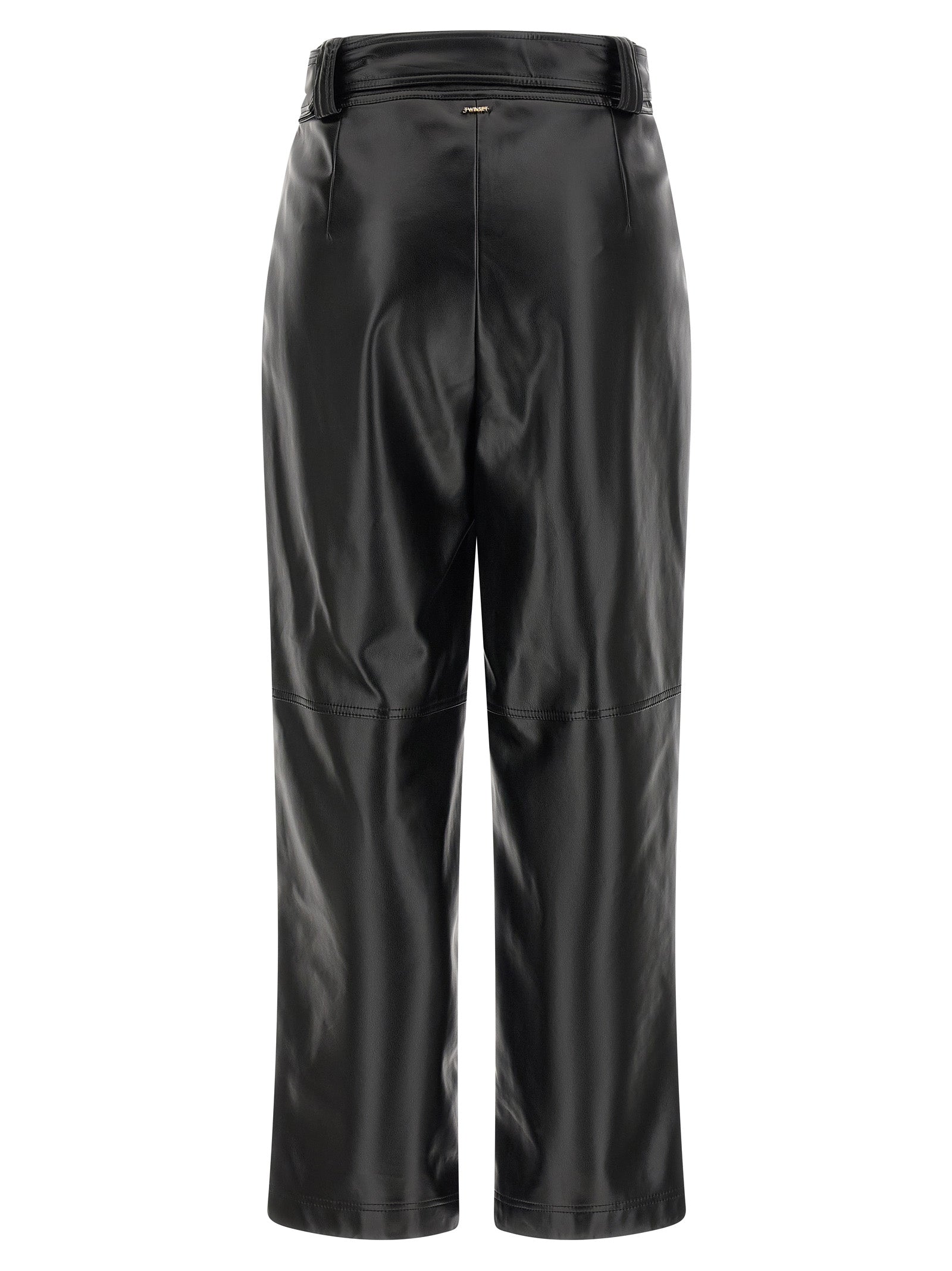 Trousers by Twinset for women in polyester leather black presents a smart silhouette, meticulously detailed with a smart cropped, a smart cropped, and a smart high rise.
