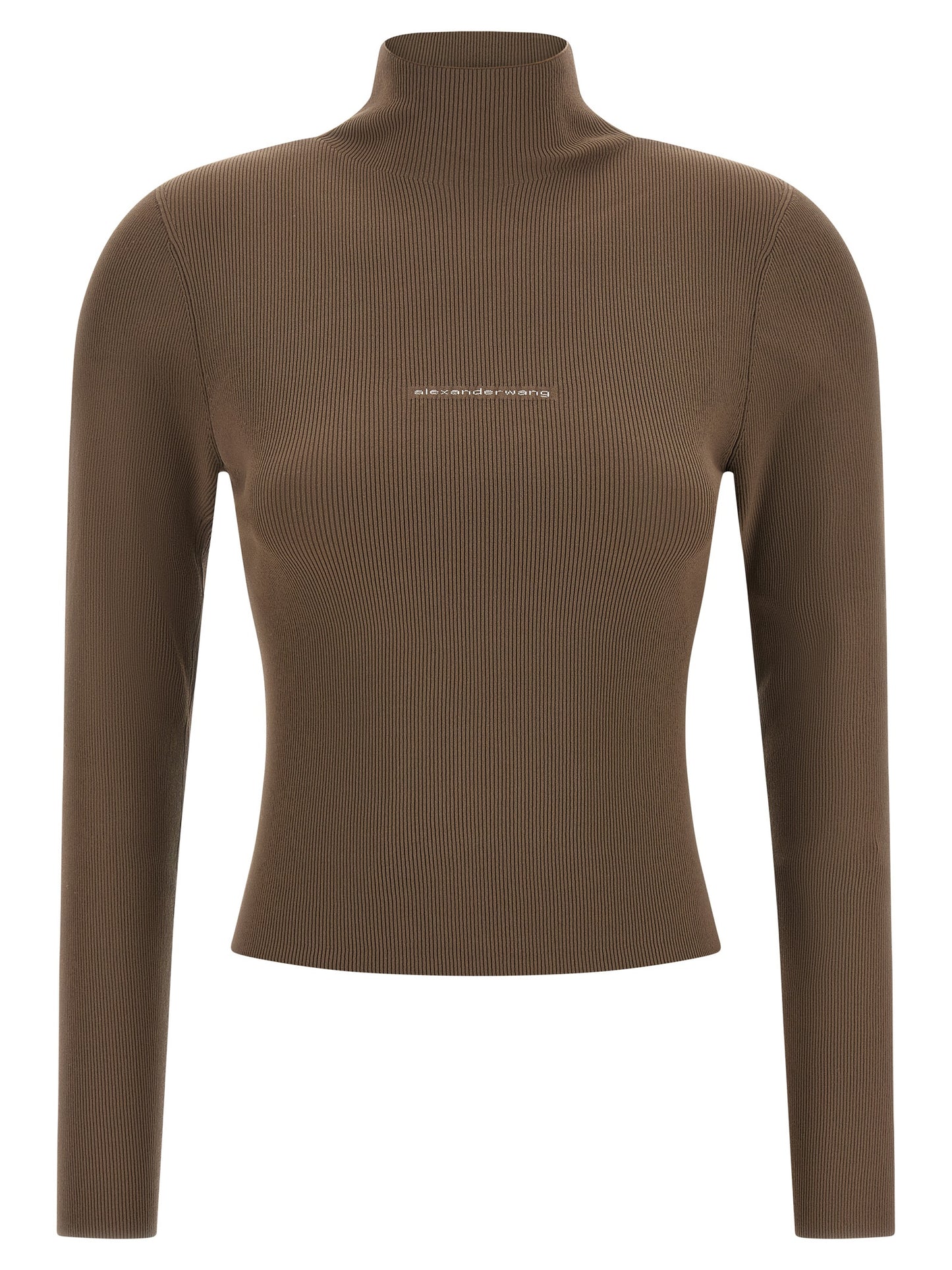 Cardigan by Alexander Wang for women in polyamide beige, brown & jacquard features a nuanced silhouette with a refined turtle high-neck neckline and nuanced long-sleeve detailing for a sophisticated look.
