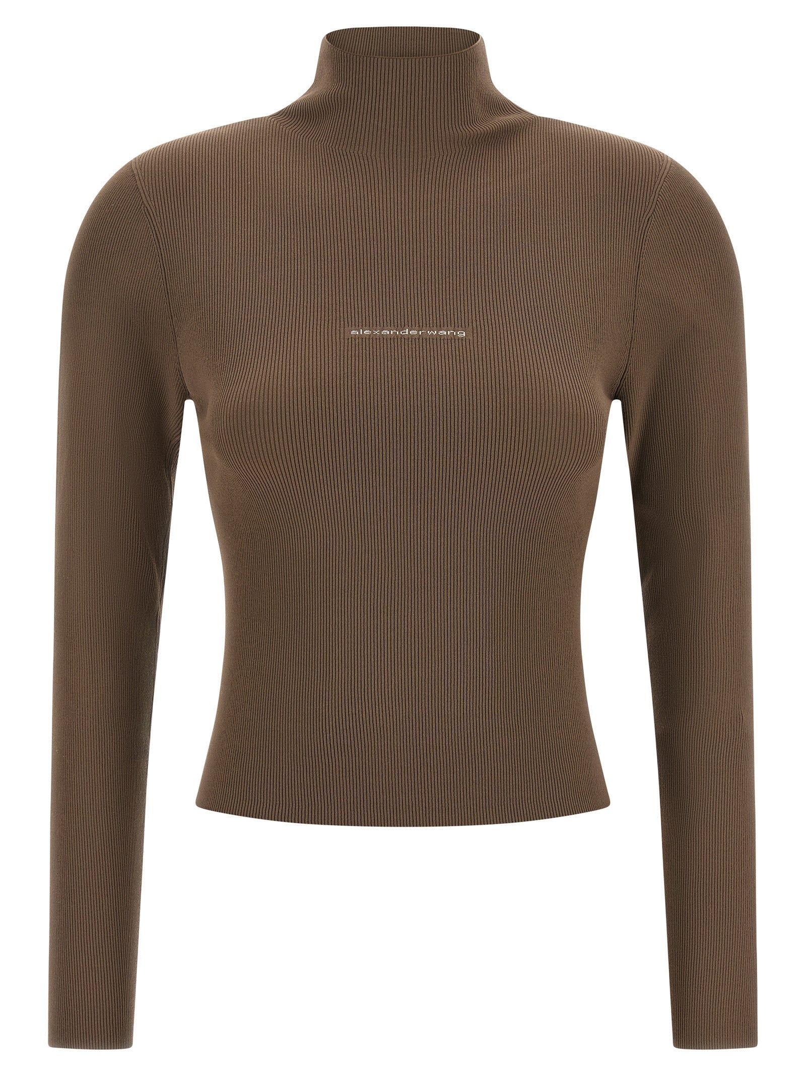 Cardigan by Alexander Wang for women in polyamide beige, brown & jacquard features a nuanced silhouette with a refined turtle high-neck neckline and nuanced long-sleeve detailing for a sophisticated look.