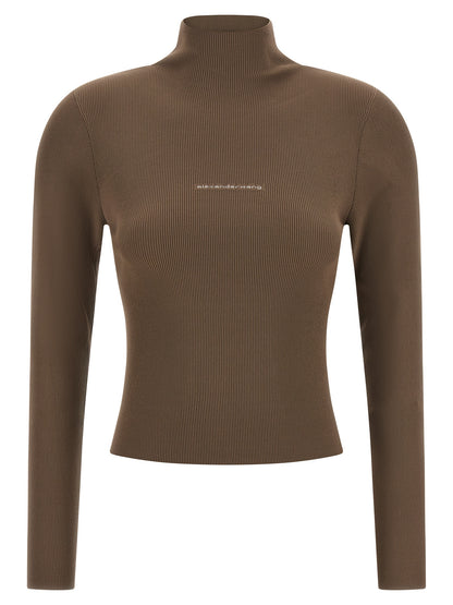 Cardigan by Alexander Wang for women in polyamide beige, brown & jacquard features a nuanced silhouette with a refined turtle high-neck neckline and nuanced long-sleeve detailing for a sophisticated look.