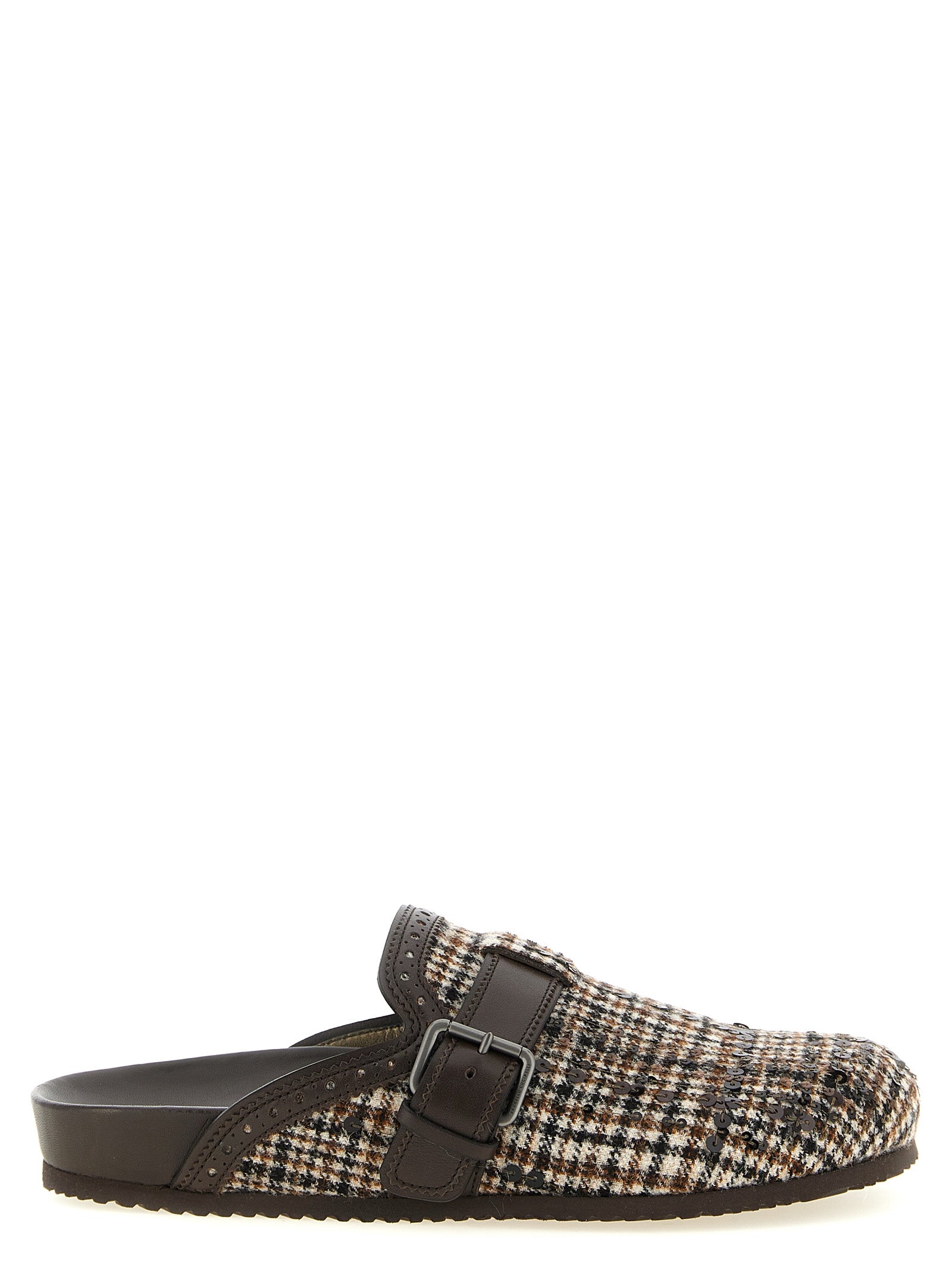 Brogue Clogs Flat Shoes by Brunello Cucinelli for women in leather alpaca wool & sequins brown, patterned & houndstooth showcases a dynamic silhouette, artfully capturing Women's Leather Alpaca Wool & Sequins Brogue Clogs Flat Shoes through its distinctive and elegant round toe style.