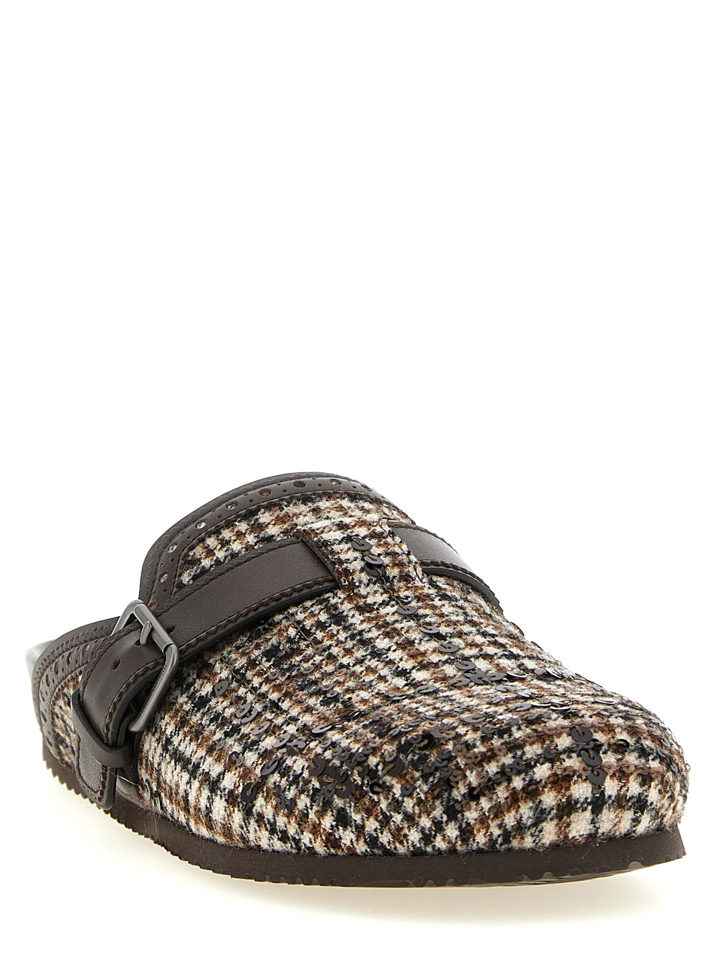 Brogue Clogs Flat Shoes by Brunello Cucinelli for women in leather alpaca wool & sequins brown, patterned & houndstooth showcases a resplendent Women's Leather Alpaca Wool & Sequins Brogue Clogs Flat Shoes aesthetic with a and round toe style.