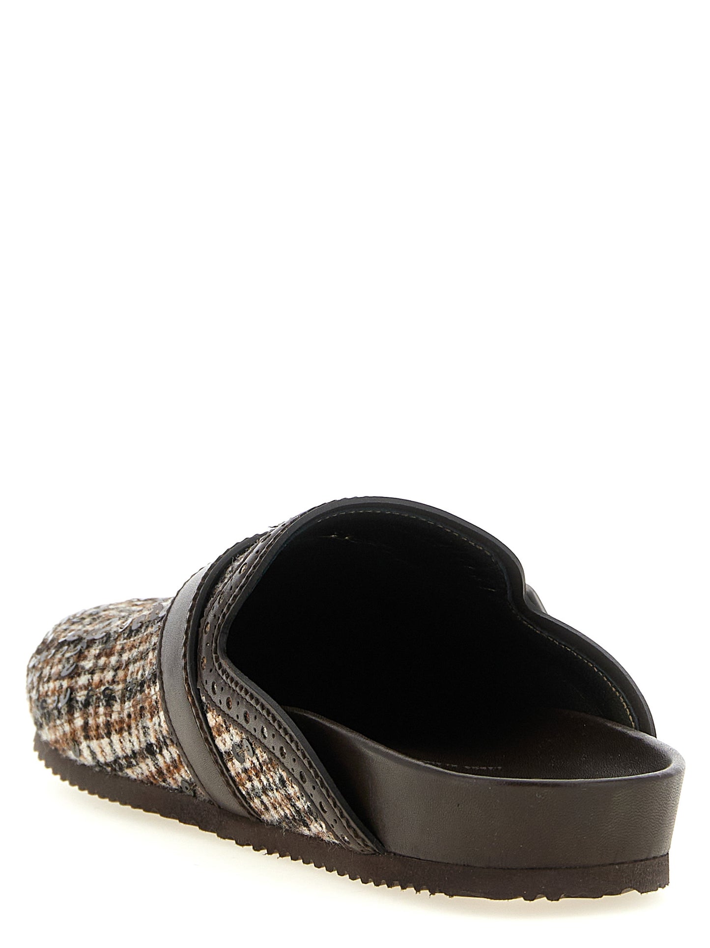 Brogue Clogs Flat Shoes by Brunello Cucinelli for women in leather alpaca wool & sequins brown, patterned & houndstooth features an statuesque silhouette from the Women's Leather Alpaca Wool & Sequins Brogue Clogs Flat Shoes collection, showcasing a and a statuesque round toe style for a statuesque look.
