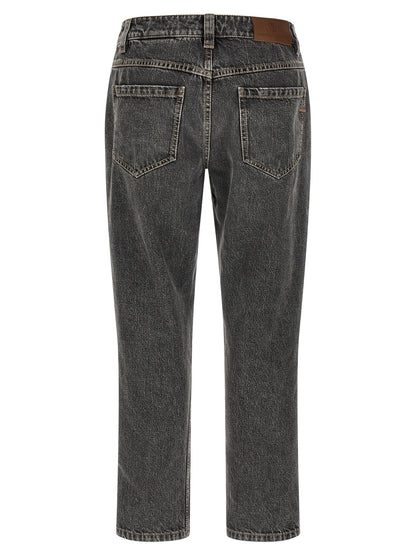 Jeans by Brunello Cucinelli for women in cotton denim dark-gray & gray features a refined silhouette with a refined straight-leg & cropped, defined by a and a refined cropped for a refined finish.
