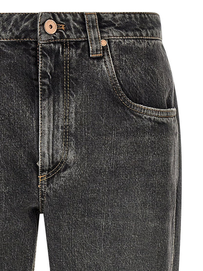 Jeans by Brunello Cucinelli for women in cotton denim dark-gray & gray features a polished silhouette with a polished straight-leg & cropped, reaching a polished cropped and finished with a polished .