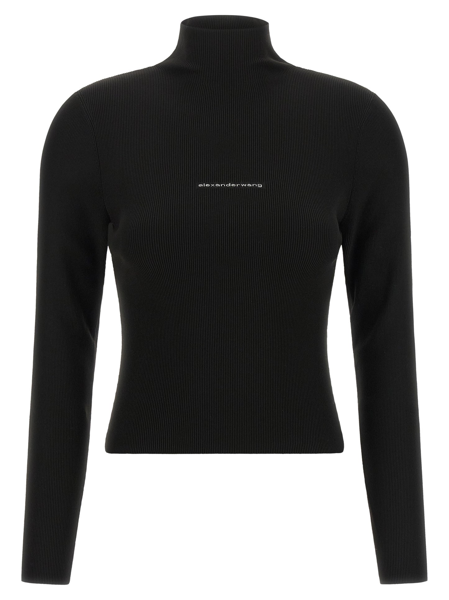 Cardigan by Alexander Wang for women in polyamide black, jacquard & signature presents a textural silhouette, artfully finished with a textural turtle high-neck neckline and long-sleeve for a sophisticated, textural look.