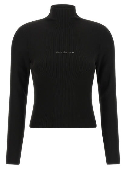 Cardigan by Alexander Wang for women in polyamide black, jacquard & signature presents a textural silhouette, artfully finished with a textural turtle high-neck neckline and long-sleeve for a sophisticated, textural look.
