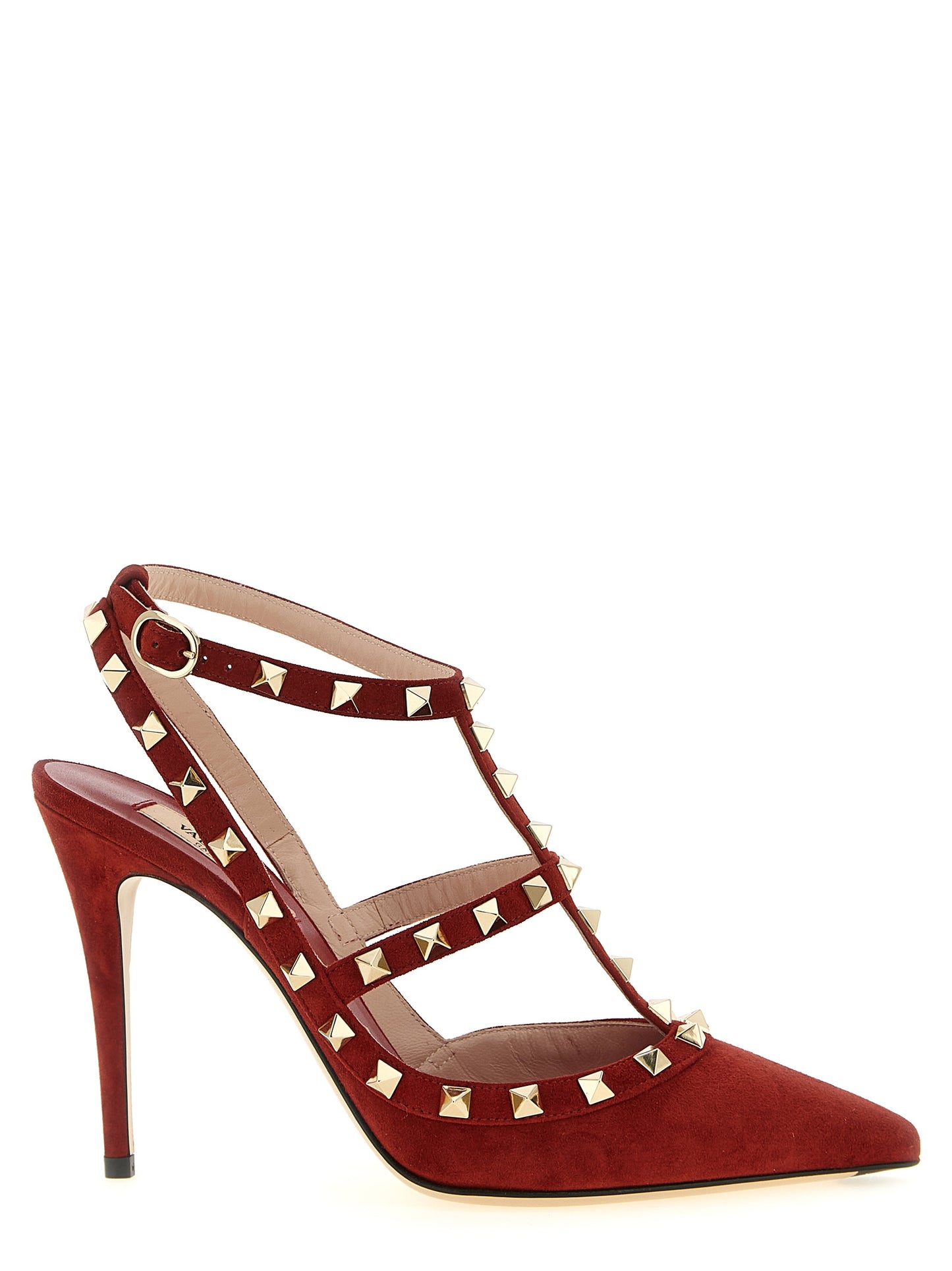 High-Heel Stiletto Pumps Heels by Valentino Garavani for women in suede calfskin leather multicolor & red features an effortlessly chic silhouette from the Rockstud Women's Suede Calfskin Leather High-Heel Stiletto Pumps Heels collection, showcasing a stiletto high-heel and effortlessly chic pointed toe style for a effortlessly chic look.