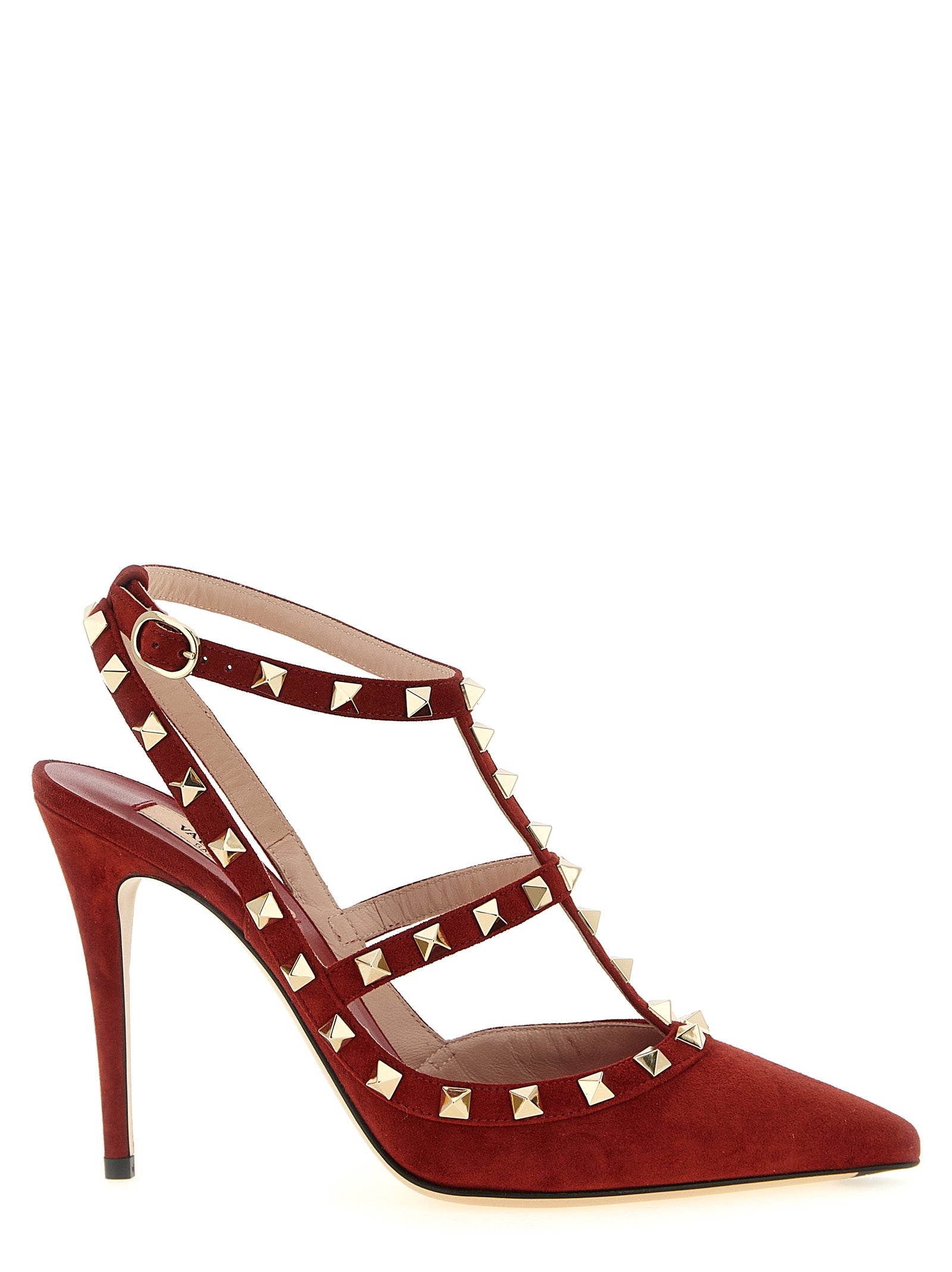 High-Heel Stiletto Pumps Heels by Valentino Garavani for women in suede calfskin leather multicolor & red features an effortlessly chic silhouette from the Rockstud Women's Suede Calfskin Leather High-Heel Stiletto Pumps Heels collection, showcasing a stiletto high-heel and effortlessly chic pointed toe style for a effortlessly chic look.