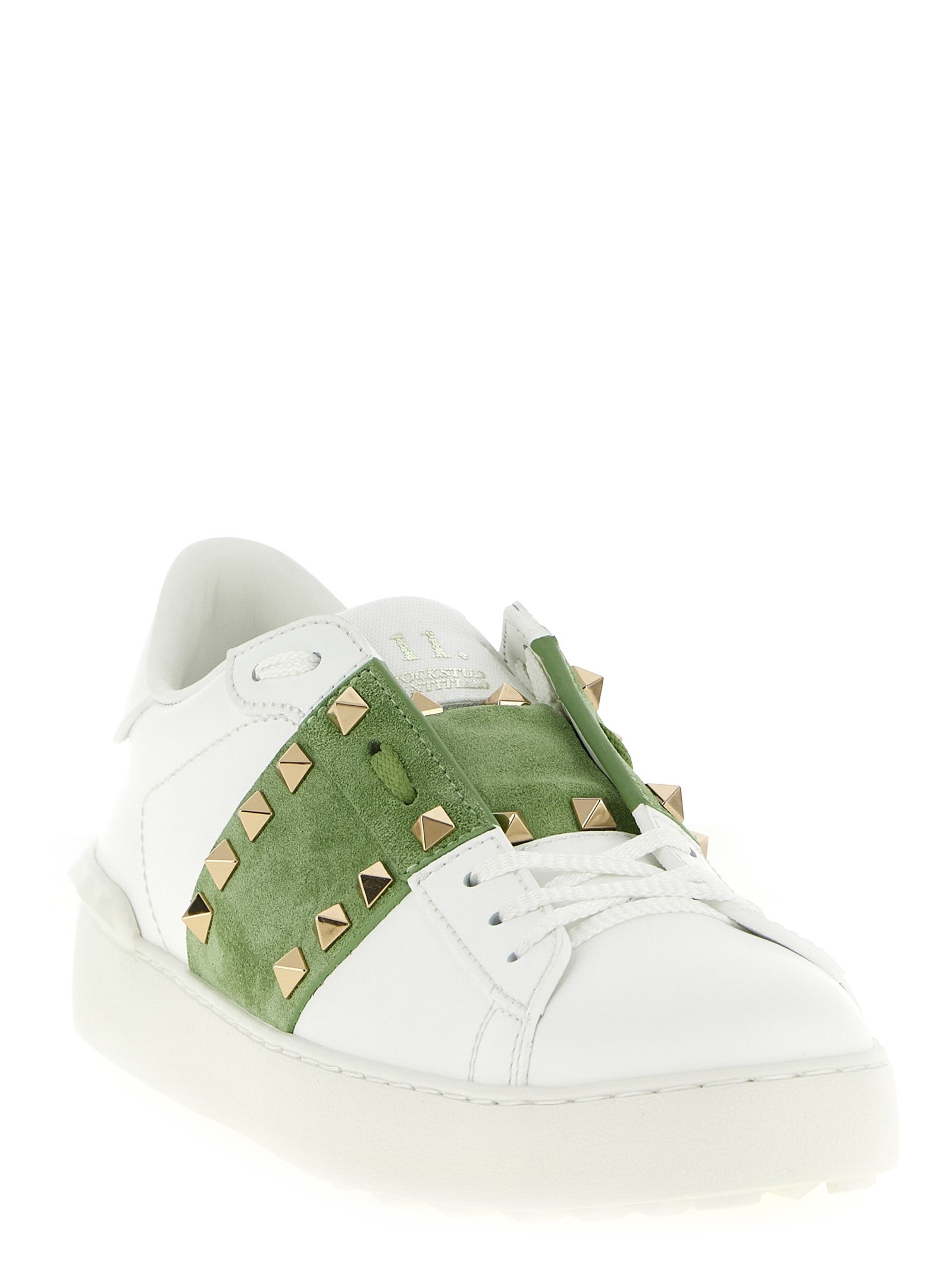 Sneakers by Valentino Garavani for women in calfskin leather bicolour, green, white & signature features an fashionable silhouette, showcasing the premium Rockstud Women's Low Top Calfskin Leather Sneakers in a fashionable low-top style that offers a fashionable finish for refined style.