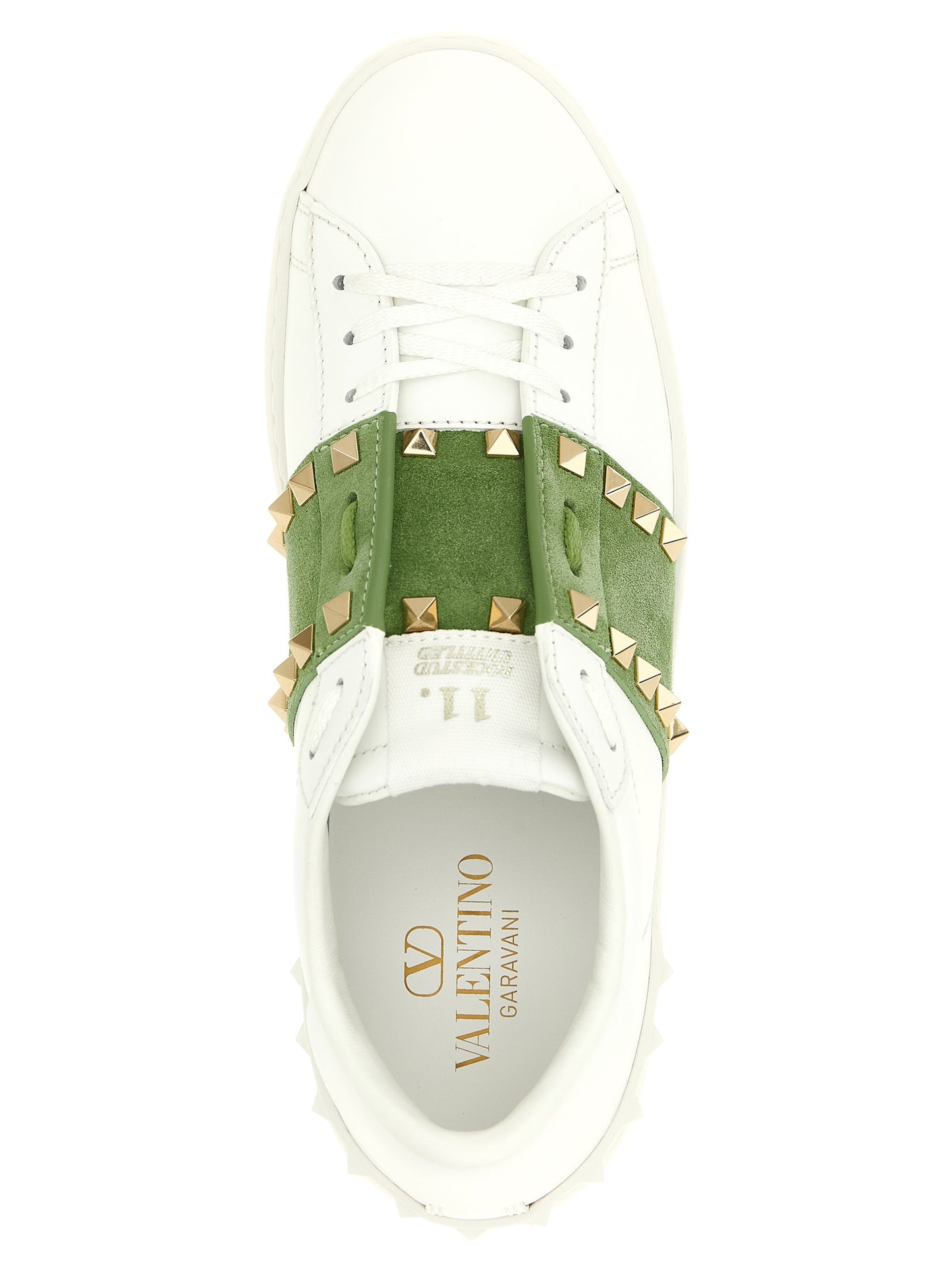 Sneakers by Valentino Garavani for women in calfskin leather bicolour, green, white & signature presents a impeccable silhouette as Rockstud Women's Low Top Calfskin Leather Sneakers, expertly defined by a impeccable low-top style for a impeccable, high-fashion look.
