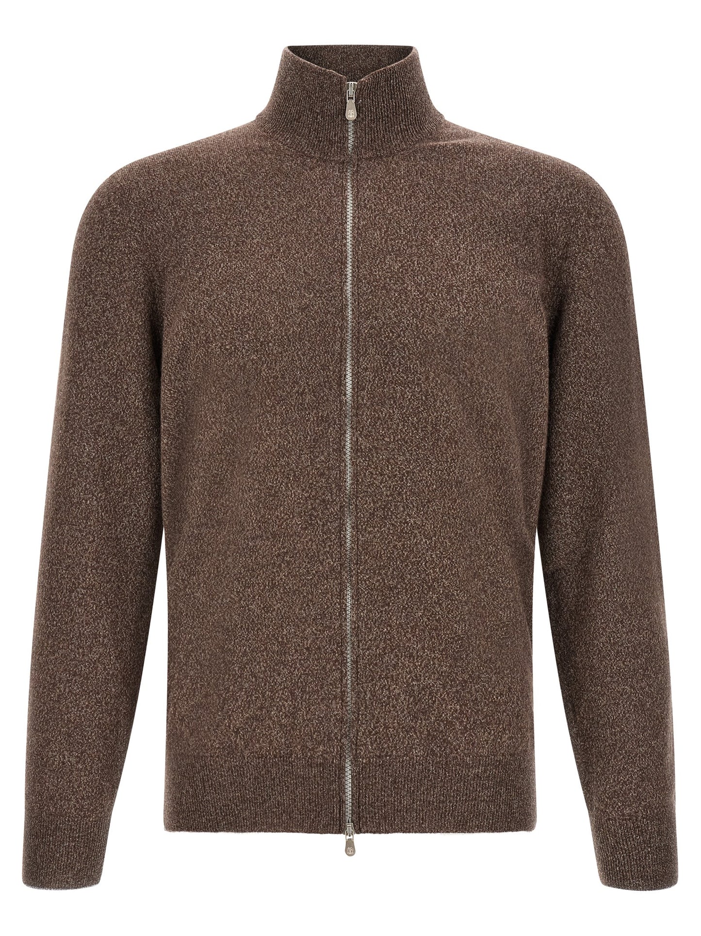 Cardigan by Brunello Cucinelli for men in cashmere brown features an impeccable silhouette, showcasing a sophisticated high-neck neckline and detail for a truly impeccable finish.