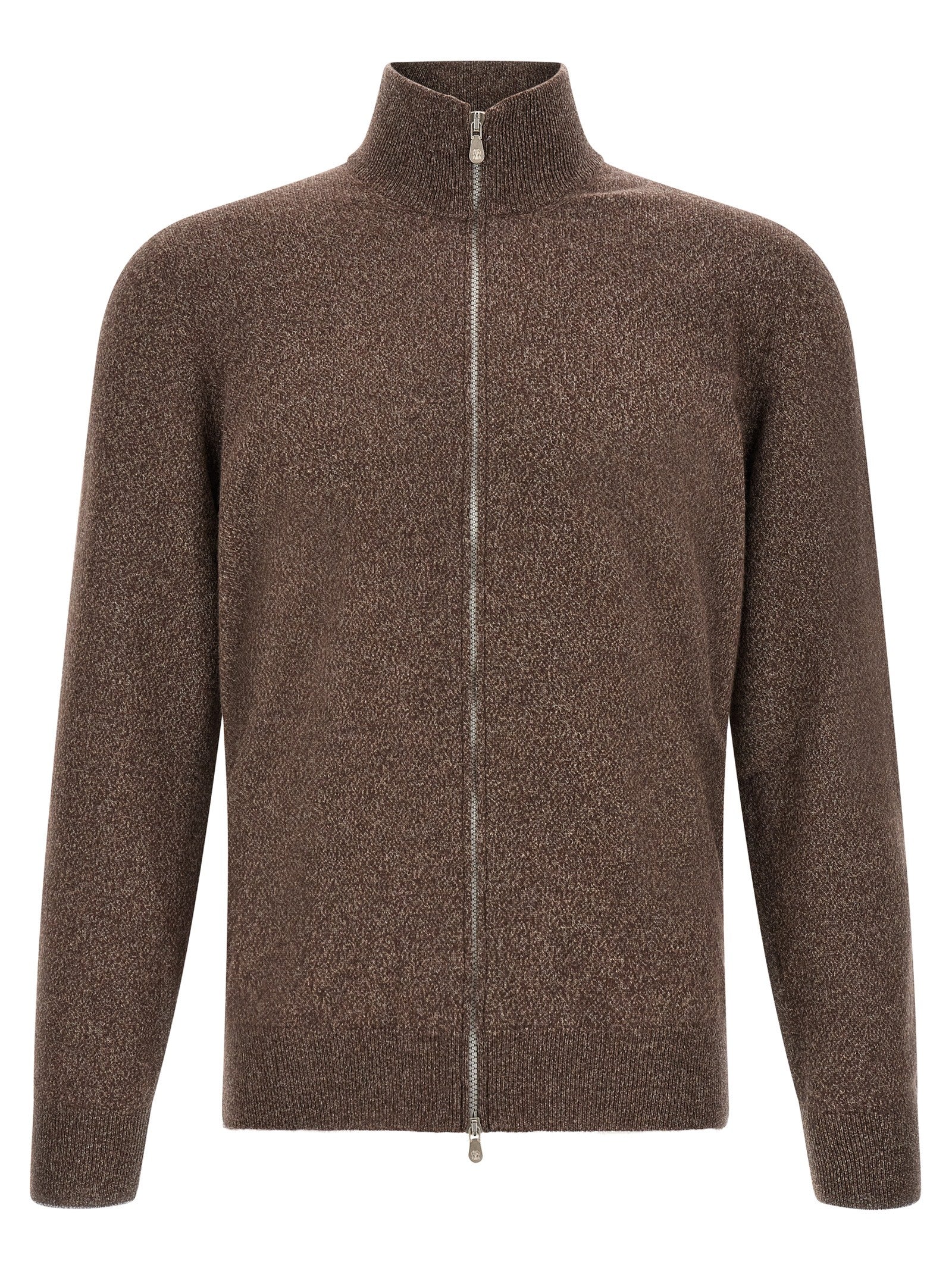 Cardigan by Brunello Cucinelli for men in cashmere brown features an impeccable silhouette, showcasing a sophisticated high-neck neckline and detail for a truly impeccable finish.