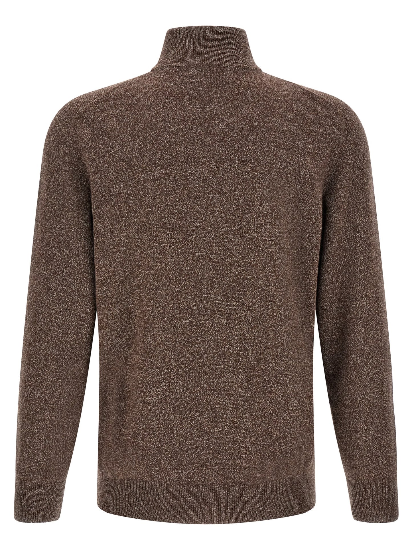 Cardigan by Brunello Cucinelli for men in cashmere brown features a dramatic silhouette, showcasing a sophisticated high-neck neckline and dramatic detail for a timeless, premium look.