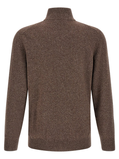 Cardigan by Brunello Cucinelli for men in cashmere brown features a dramatic silhouette, showcasing a sophisticated high-neck neckline and dramatic detail for a timeless, premium look.