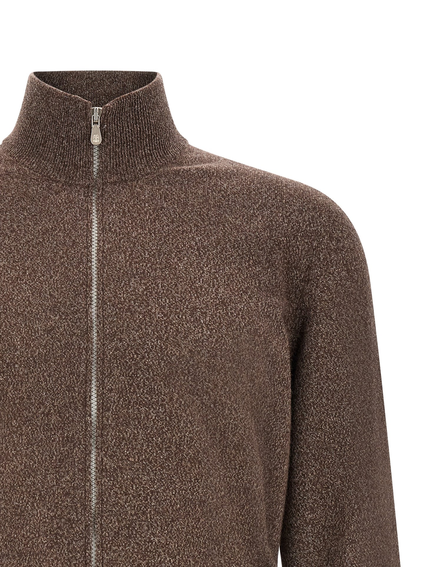 Cardigan by Brunello Cucinelli for men in cashmere brown showcases a captivating silhouette, artfully detailed with a captivating and high-neck neckline for a truly sophisticated captivating look.