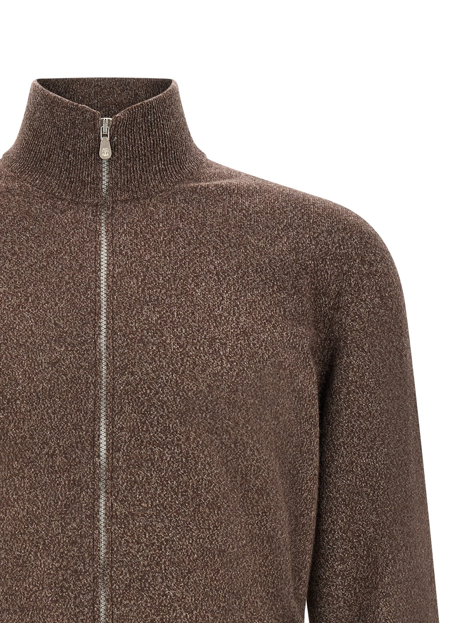 Cardigan by Brunello Cucinelli for men in cashmere brown showcases a captivating silhouette, artfully detailed with a captivating and high-neck neckline for a truly sophisticated captivating look.