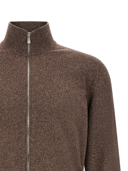 Cardigan by Brunello Cucinelli for men in cashmere brown showcases a captivating silhouette, artfully detailed with a captivating and high-neck neckline for a truly sophisticated captivating look.
