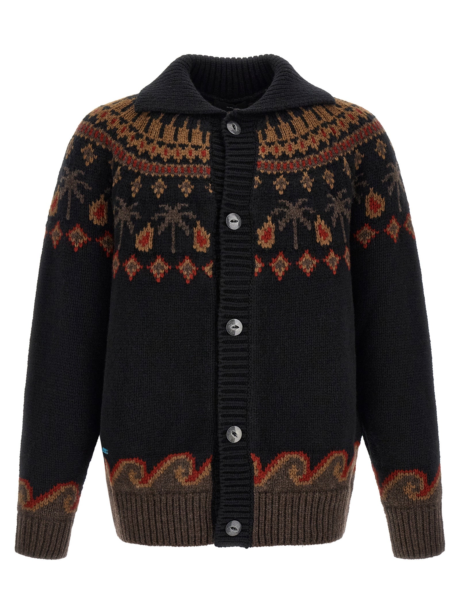 Cardigan by Alanui for men in wool black, patterned & jacquard showcases a captivating silhouette, artfully detailed with a captivating and shawl-collar neckline for a truly sophisticated captivating look.