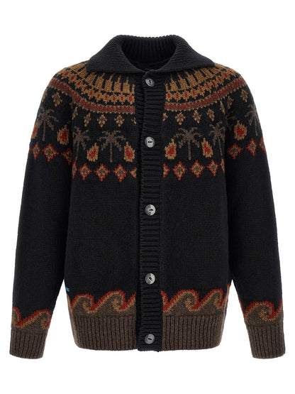 Cardigan by Alanui for men in wool black, patterned & jacquard showcases a captivating silhouette, artfully detailed with a captivating and shawl-collar neckline for a truly sophisticated captivating look.