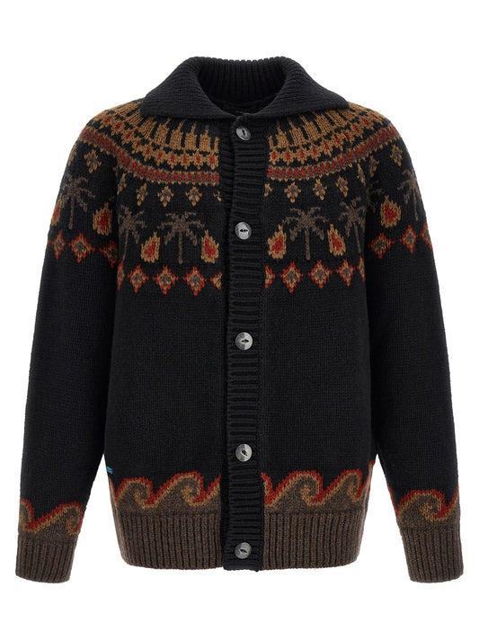 Cardigan by Alanui for men in wool black, patterned & jacquard showcases a captivating silhouette, artfully detailed with a captivating and shawl-collar neckline for a truly sophisticated captivating look.