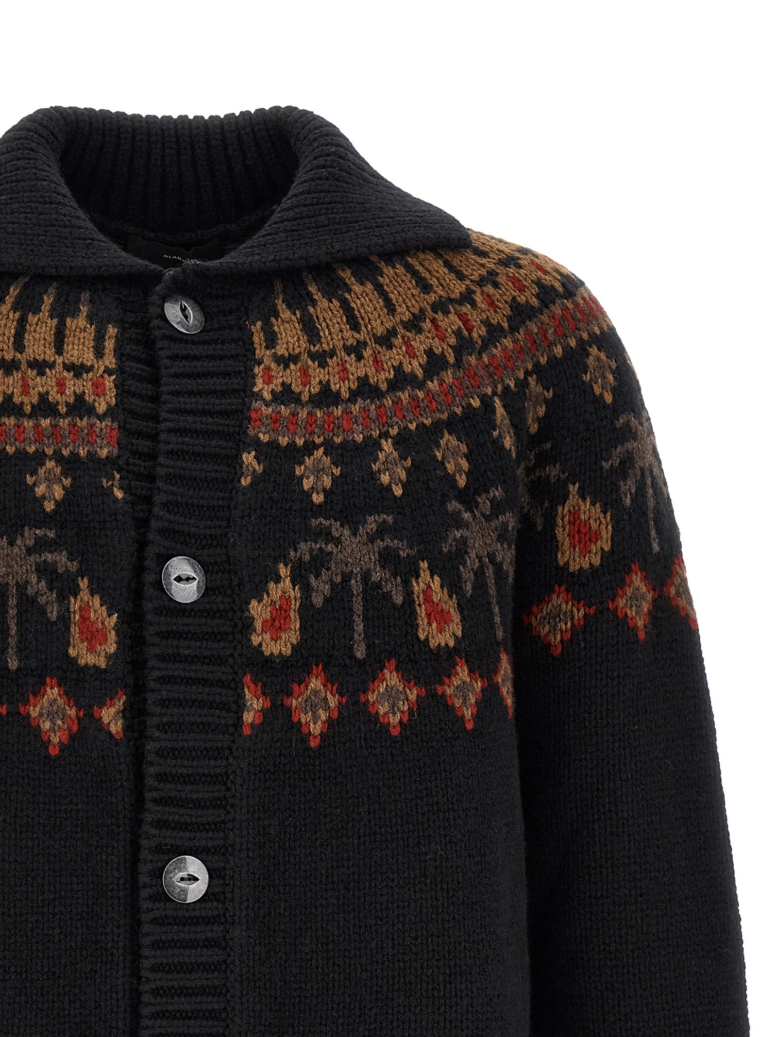 Cardigan by Alanui for men in wool black, patterned & jacquard showcases a luxurious silhouette, meticulously detailed with a sophisticated shawl-collar neckline and for a refined finish.