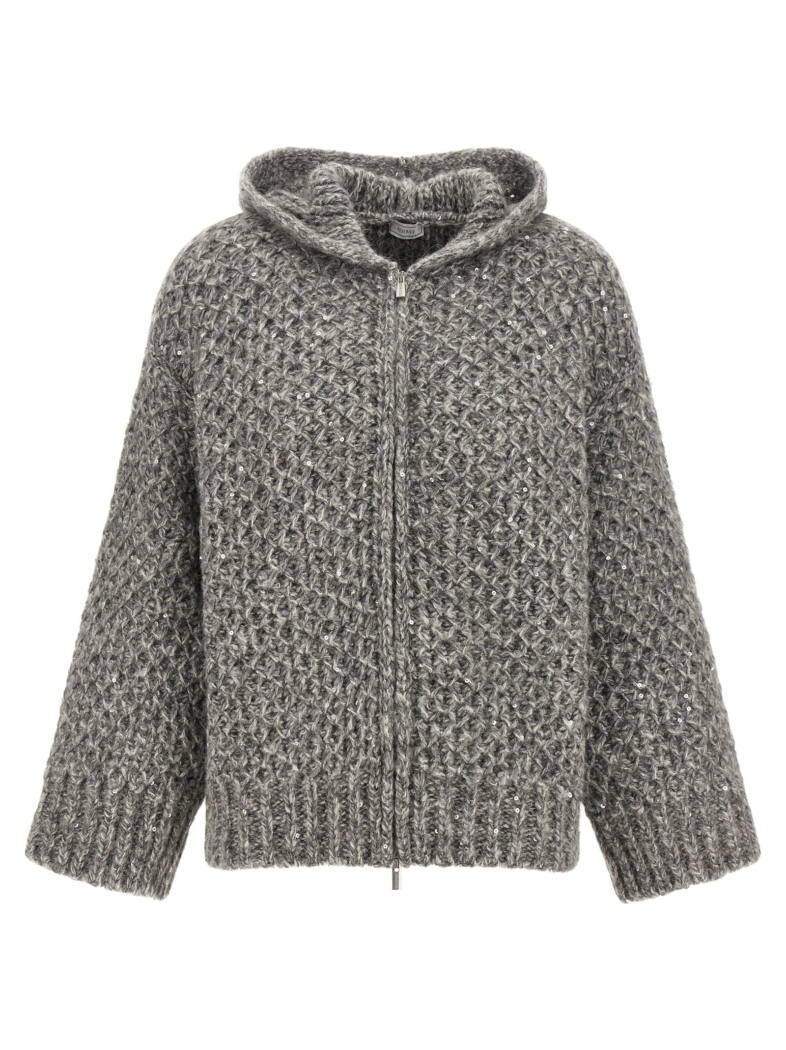 Hooded Cardigan by Peserico for women in alpaca wool & sequins gray showcases a luxurious silhouette, meticulously detailed with a sophisticated hooded neckline and for a refined finish.