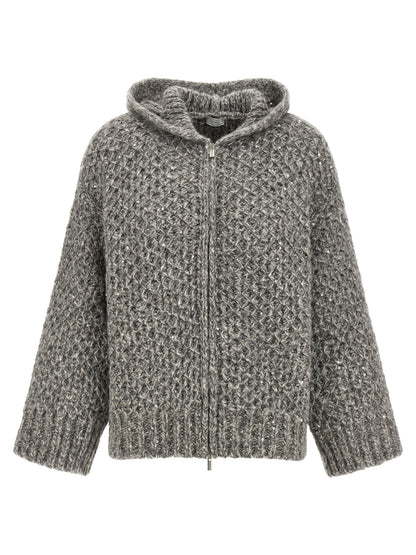 Hooded Cardigan by Peserico for women in alpaca wool & sequins gray showcases a luxurious silhouette, meticulously detailed with a sophisticated hooded neckline and for a refined finish.