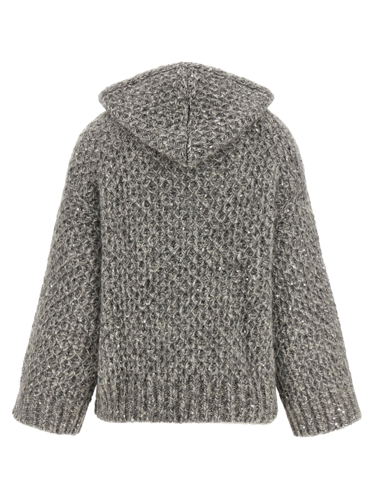 Hooded Cardigan by Peserico for women in alpaca wool & sequins gray presents a textural silhouette, artfully finished with a textural hooded neckline and for a sophisticated, textural look.