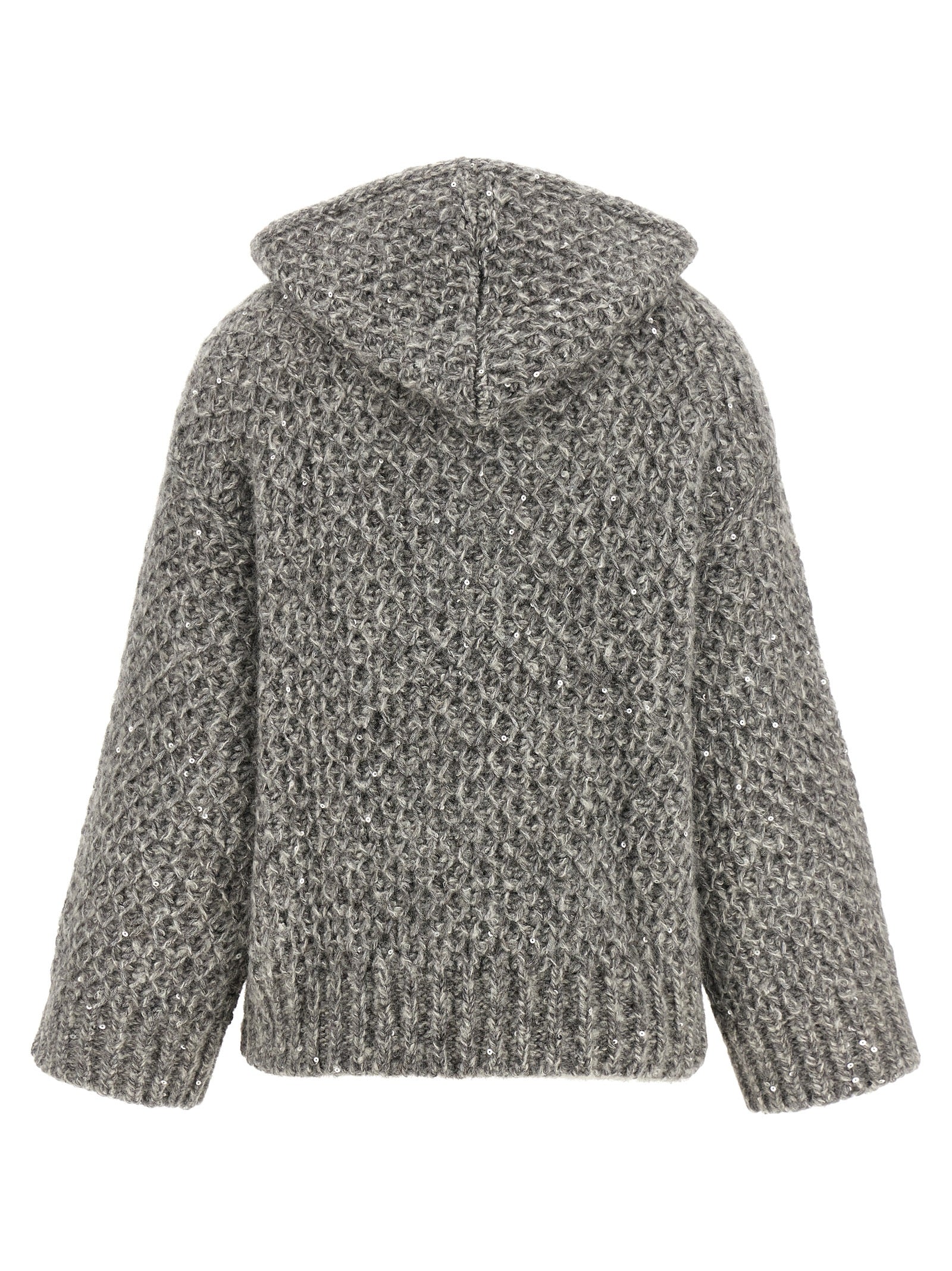 Hooded Cardigan by Peserico for women in alpaca wool & sequins gray presents a textural silhouette, artfully finished with a textural hooded neckline and for a sophisticated, textural look.