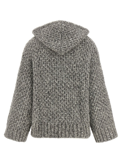 Hooded Cardigan by Peserico for women in alpaca wool & sequins gray presents a textural silhouette, artfully finished with a textural hooded neckline and for a sophisticated, textural look.