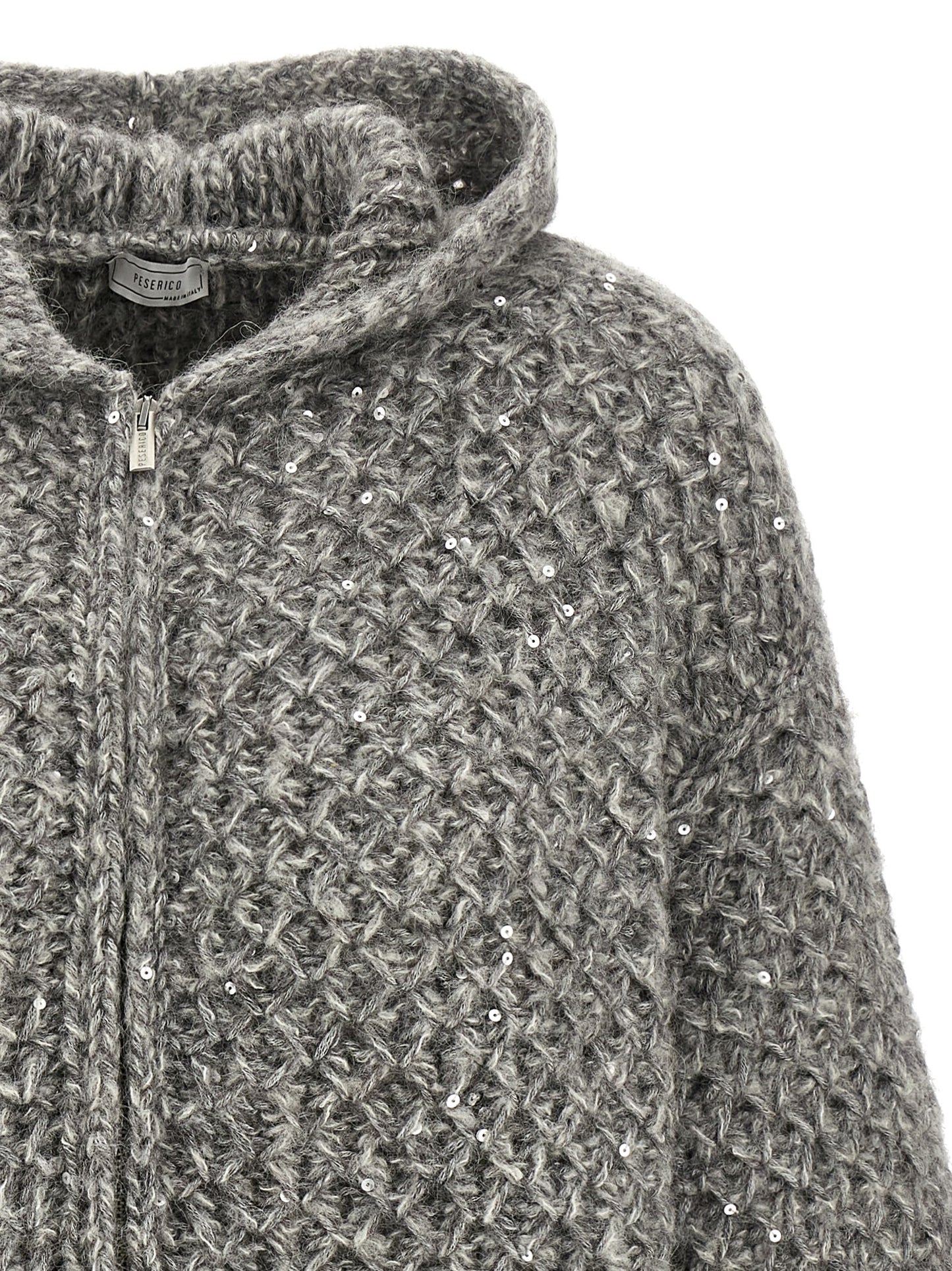 Hooded Cardigan by Peserico for women in alpaca wool & sequins gray features an impeccable silhouette, showcasing a sophisticated hooded neckline and detail for a truly impeccable finish.