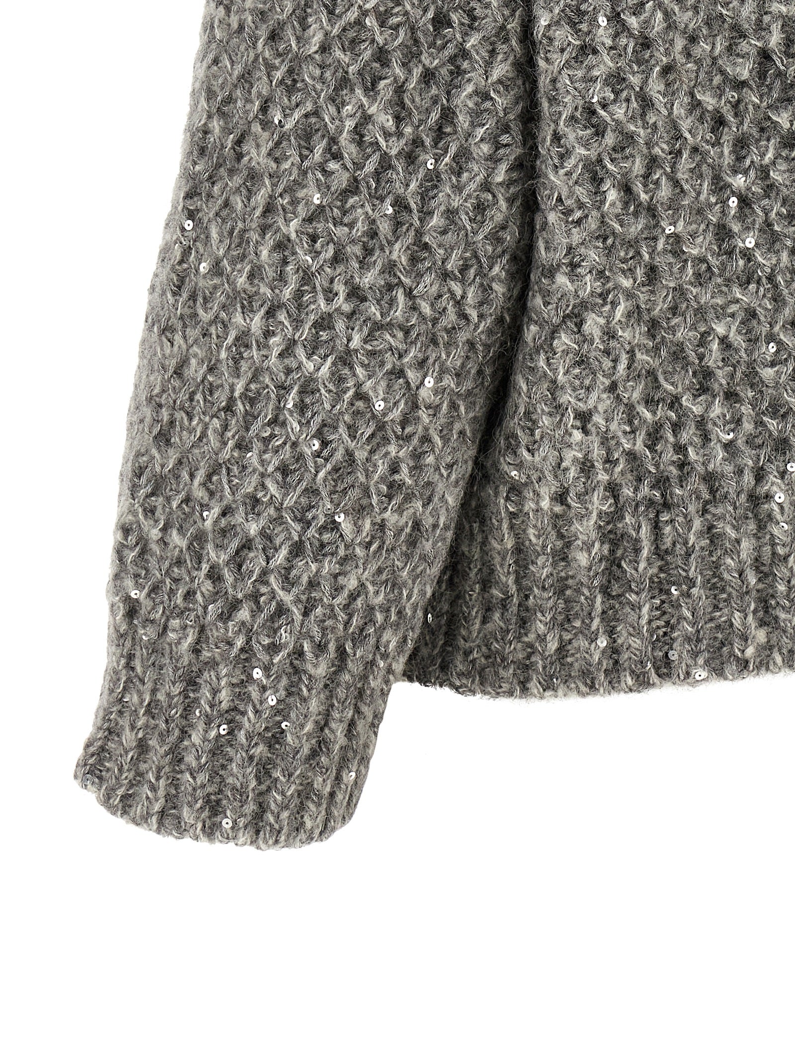 Hooded Cardigan by Peserico for women in alpaca wool & sequins gray showcases a captivating silhouette, artfully detailed with a captivating and for a truly sophisticated captivating look.