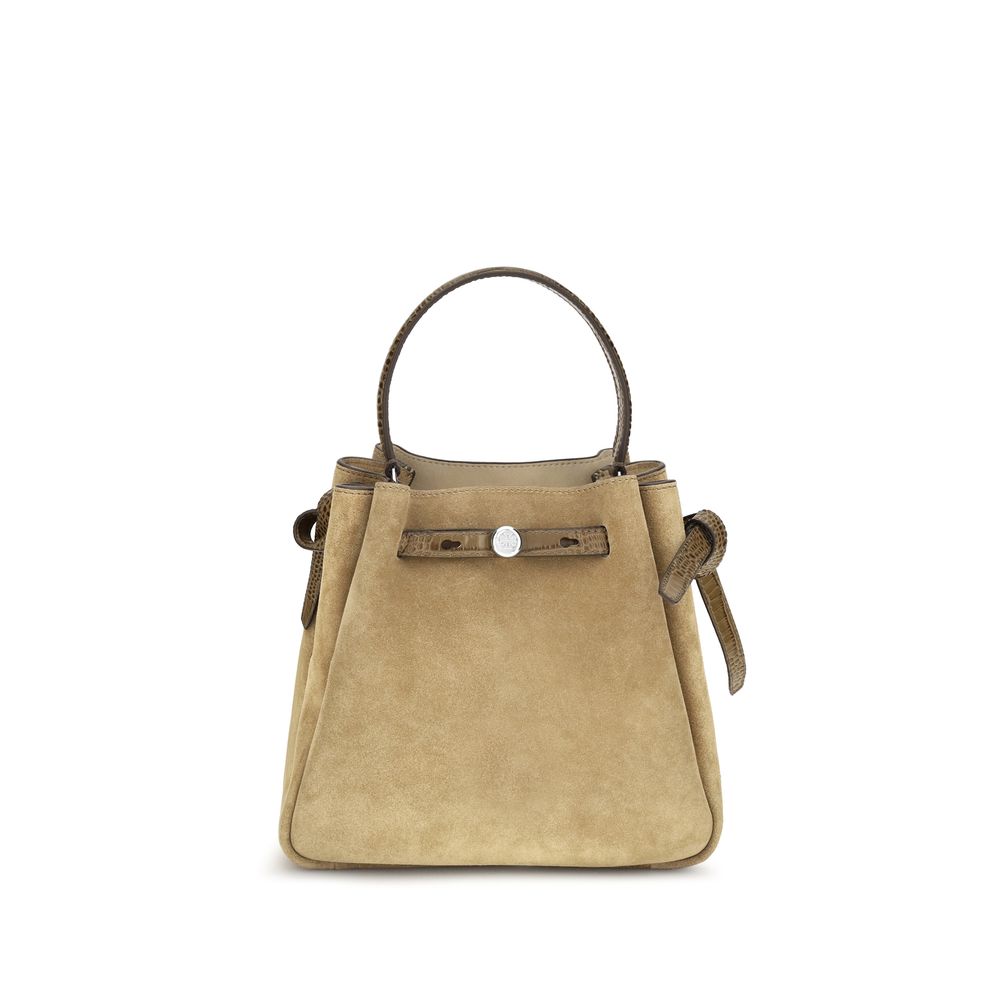 Bucket Handbag by Tory Burch for women in suede crocodile skin leather beige & print features an sun-drenched silhouette, showcasing a secure snap, magnetic & button, ample internal-pockets, and versatile shoulder-strap, handle & adjustable-strap for a truly sun-drenched finish.