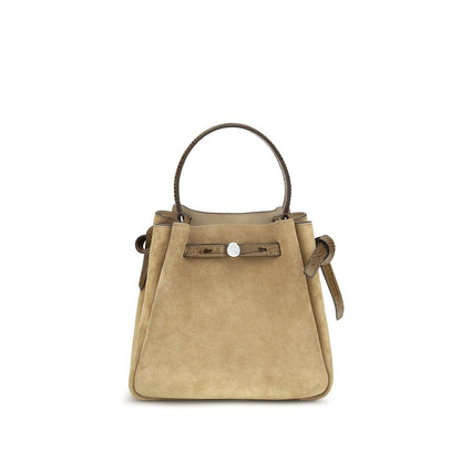 Bucket Handbag by Tory Burch for women in suede crocodile skin leather beige & print features an sun-drenched silhouette, showcasing a secure snap, magnetic & button, ample internal-pockets, and versatile shoulder-strap, handle & adjustable-strap for a truly sun-drenched finish.