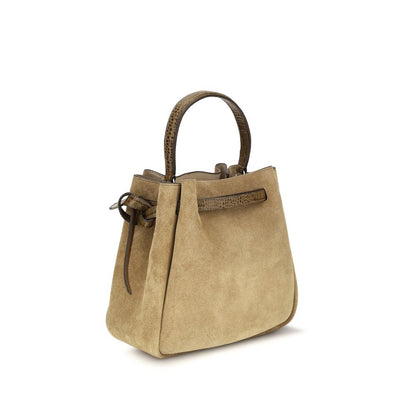 Bucket Handbag by Tory Burch for women in suede crocodile skin leather beige & print features a effortlessly chic silhouette, showcasing a secure snap, magnetic & button with ample internal-pockets and versatile shoulder-strap, handle & adjustable-strap for a effortlessly chic finish.
