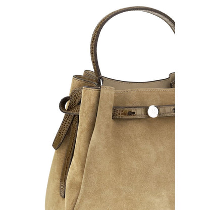 Bucket Handbag by Tory Burch for women in suede crocodile skin leather beige & print features a effortlessly chic silhouette, showcasing a secure snap, magnetic & button, ample internal-pockets, and versatile shoulder-strap, handle & adjustable-strap for a effortlessly chic look.