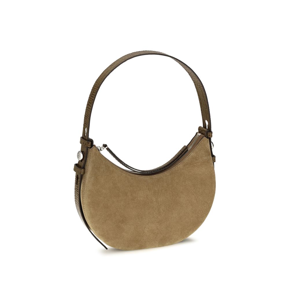 Shoulder Crescent Bag by Tory Burch for women in suede leather beige presents a versatile silhouette, showcasing a secure zipper and versatile with versatile shoulder-strap for a sophisticated look.