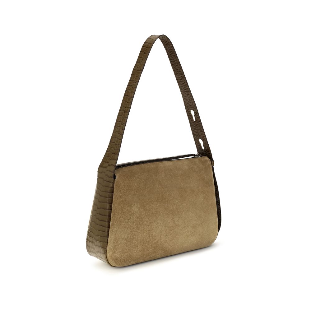 Shoulder Bag by Tory Burch for women in suede crocodile skin leather beige features an effortlessly chic silhouette with a secure zipper, ample single-compartment, and versatile shoulder-strap, adjustable-strap & handle for effortlessly chic everyday luxury.