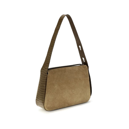 Shoulder Bag by Tory Burch for women in suede crocodile skin leather beige features an effortlessly chic silhouette with a secure zipper, ample single-compartment, and versatile shoulder-strap, adjustable-strap & handle for effortlessly chic everyday luxury.